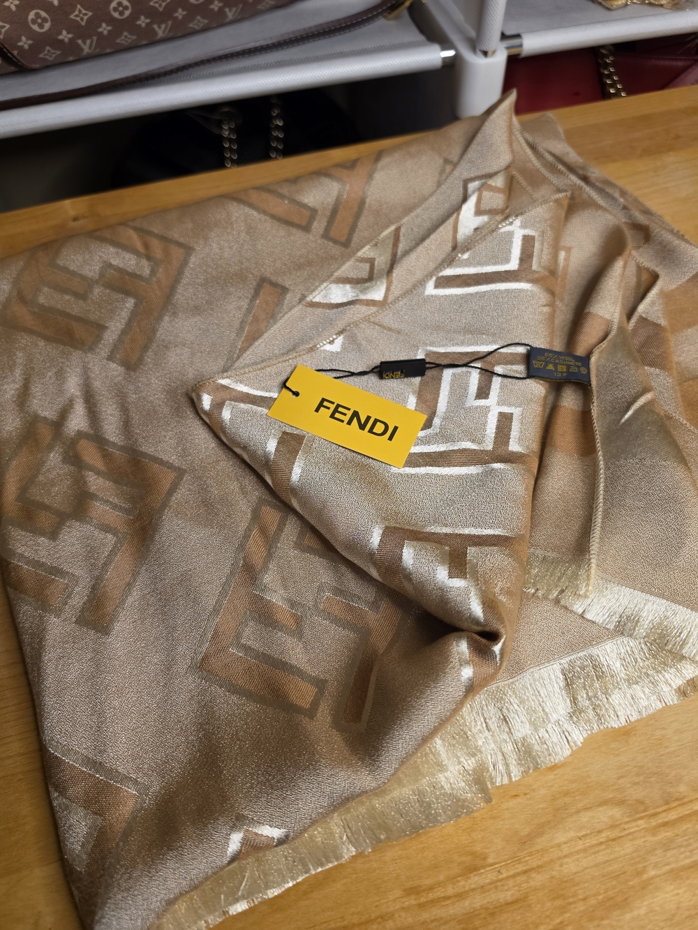 Fendi Gold & Brown FF Shimmer Monogram Cashmere Scarf NWT